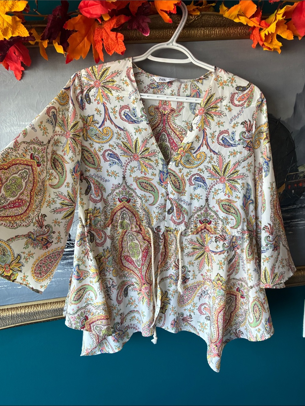 Zara Cream Paisley Peplum Top with Multicolor Accents
